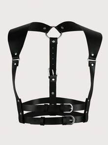 1pc Punk Style PU Black Suspender Belt, Retro Gothic Double-Buckle Waist Cincher, Suitable For Daily Wear - A - View 4