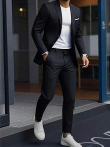 2 Piece Classic Men's Double Breasted Suit - 2 Piece Suit - Wedding, Interview, Party Formal Wear - Slim Fit Groomsmen Tuxedo Jacket + Pants Set - màu đen - Xem 1