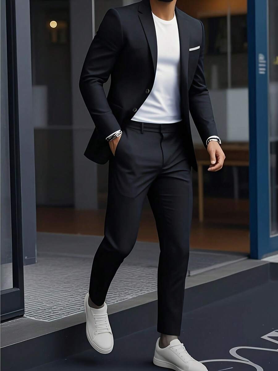 2 Piece Classic Men's Double Breasted Suit - 2 Piece Suit - Wedding, Interview, Party Formal Wear - Slim Fit Groomsmen Tuxedo Jacket + Pants Set - màu đen - Xem 1