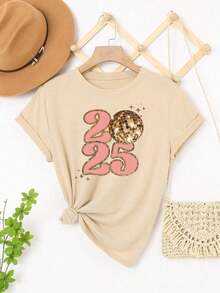 Camisetas De Mujer Casual Manga  con estampado de  Números y patrones planetarios - Albaricoque - Ver 2