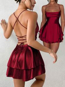 1pc Sexy Satin Backless Tie Strap Pleated Dress, Suitable For Bar, Party, Home, Elegant European & American Cross-Border Hot Selling Item - Cherry Red - View 2