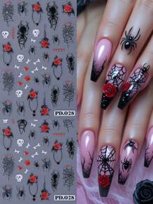 2片哥特风美甲贴纸，黑色蜘蛛玫瑰图案，镶嵌白色和红色水晶，5D立体浮雕美甲贴花，自粘式万圣节骷髅滑扣美甲装饰，适合节日DIY设计 - 彩色 - 查看 2