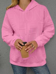 Plus Size Women Casual Letter Knitted Jacquard Long Sleeve Hoodie Sweatshirt