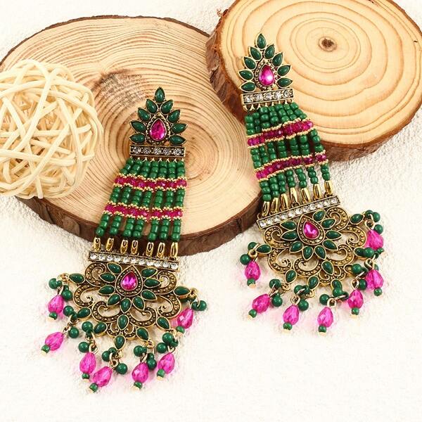 FANYINAN 1 Pair Vintage Southeast Asian Style Zinc Alloy Sticky Rhinestones Green Beaded Small Dangles Rice Beads Tassel Women's Earrings For Daily Party Music Festival Holiday Wear