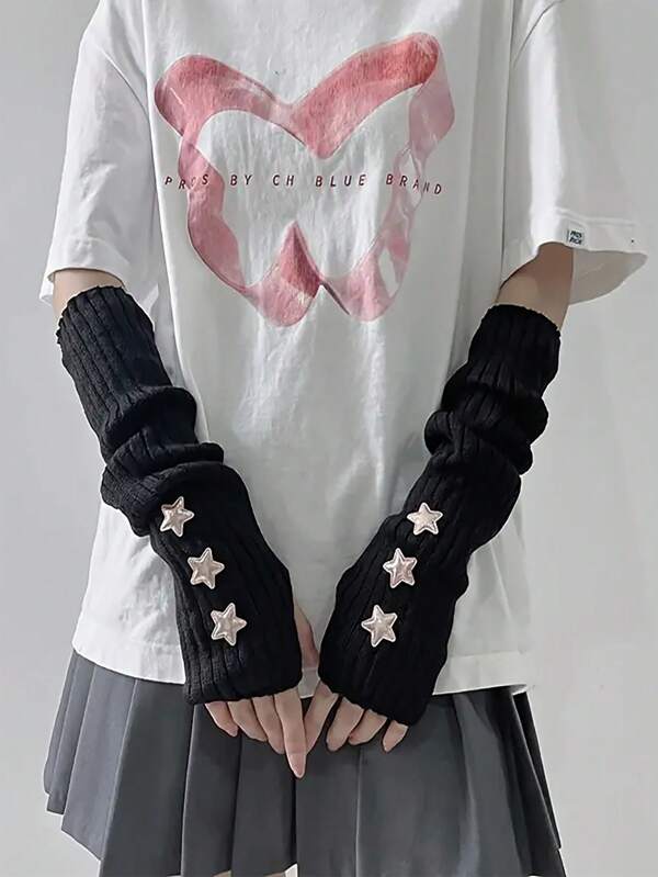 1 Paar glitzernde Stern Ärmel Manschetten, süßer und niedlicher Stil für Mädchen, mit fingerlosen Handschuhen und gestrickten Beinwärmern mit Y2K Stern Design