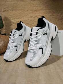 Giày thể thao thường ngày cỡ lớn mọi mùa, giày đế xuồng đế dày, giày thể thao chunky, da và lưới vá, thoáng khí, đa năng, giày cặp đôi thời trang, giày chạy bộ thể thao ngoài trời - màu đen - Xem 2