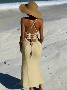 Abito smock da donna lavorato a maglia, con scollo a V profondo e design traforato, abito lungo da spiaggia da indossare in estate
