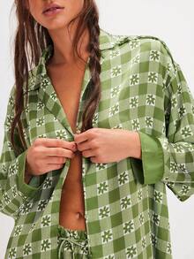 Womens Y2k Silk Pajame Sets Floral Print Long Sleeve Button Down Shirt Wide Leg Pants Satin Girly Western Pajames 2 Piece Loungewear - màu xanh lá - Xem 3