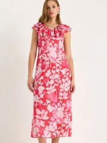 BIANCO LUCCI Zomer Boho Allover Bloemenprint V-hals Ruffle Trim Split Dij Jurk