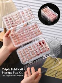 Beautizon Nailartlab 2件/6件多功能三折收纳展示美甲盒双面胶条套装，简约透明美甲盒可穿戴美甲收纳展示盒，美甲片无缝胶条配件，沙龙美甲配件工具 - 彩色 - 查看 1