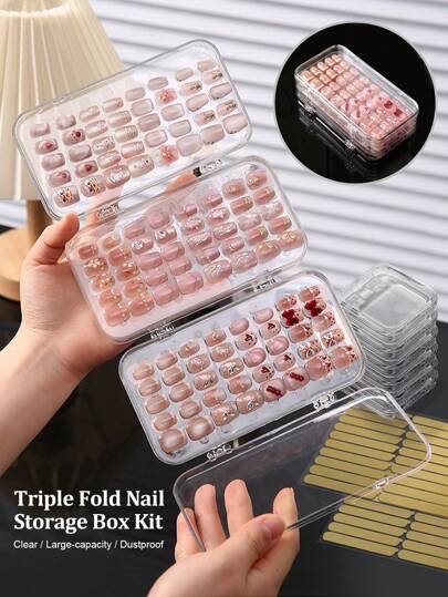 Beautizon Nailartlab 2件/6件多功能三折收纳展示美甲盒双面胶条套装，简约透明美甲盒可穿戴美甲收纳展示盒，美甲片无缝胶条配件，沙龙美甲配件工具