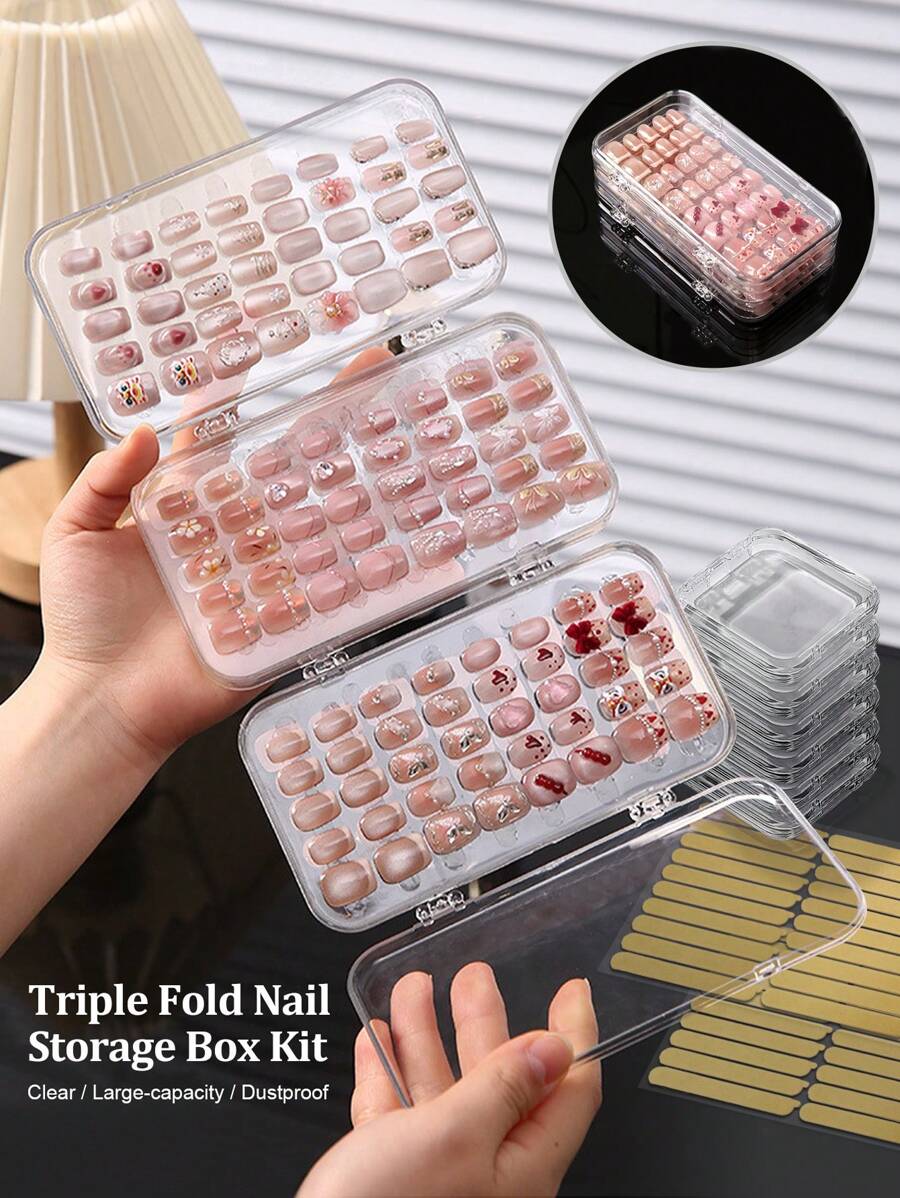 Beautizon Nailartlab 2件/6件多功能三折收纳展示美甲盒双面胶条套装，简约透明美甲盒可穿戴美甲收纳展示盒，美甲片无缝胶条配件，沙龙美甲配件工具 - 彩色 - 查看 1