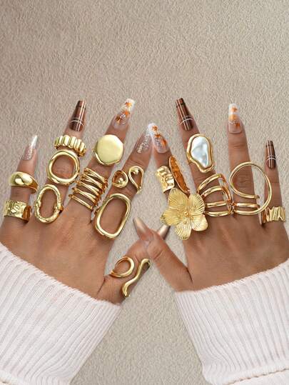 1-16pcs Fashionable, Minimalist, Elegant, Exquisite, Retro, Asymmetrical Shape, Liquid Geometric, Exaggerated Sexy Floral, Baroque Pearl, Ring Set, Suitable For Holidays, Vacations, Parties, Dates, Gifts, Daily Wear