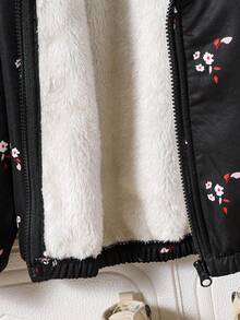 Toddler Floral Print Warm Hooded Jacket - Black - View 6
