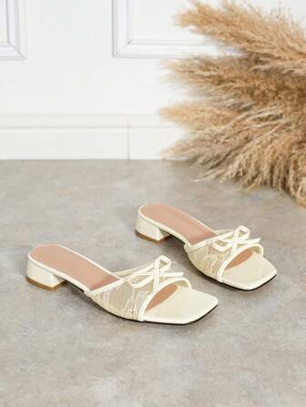 Women's Fashion Net Fabric Thong Sandals With Bow Decor, Low Heel, Comfortable, Versatile, Non-Slip, Flat Roman Style Slide Sandals