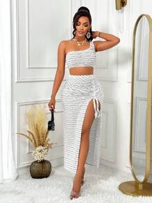 Conjunto de dos piezas de top corto de un hombro y falda con abertura en el muslo, de tela con textura, sexy y de moda para el verano, perfecto para vacaciones en la playa y salidas