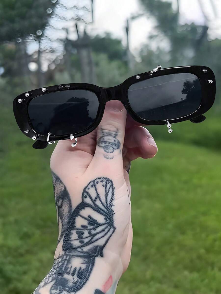 1 件装矩形时尚眼镜，带耳钉，个性化，赛博朋克风格，Y2K 未来科技眼镜，适合日常佩戴、街头摄影、度假派对、旅行、音乐节、装饰、返校校园风格，矩形墨镜