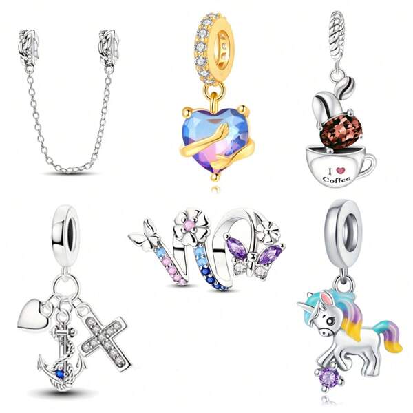 1pc 925 Silver Plated Love Zirconia Heart-Shaped Coffee Cup Pendant Woven Pattern Chain Charm Fit Original Snake Bones Women's Bracelet DIY Jewelry Valentine's Day Gift