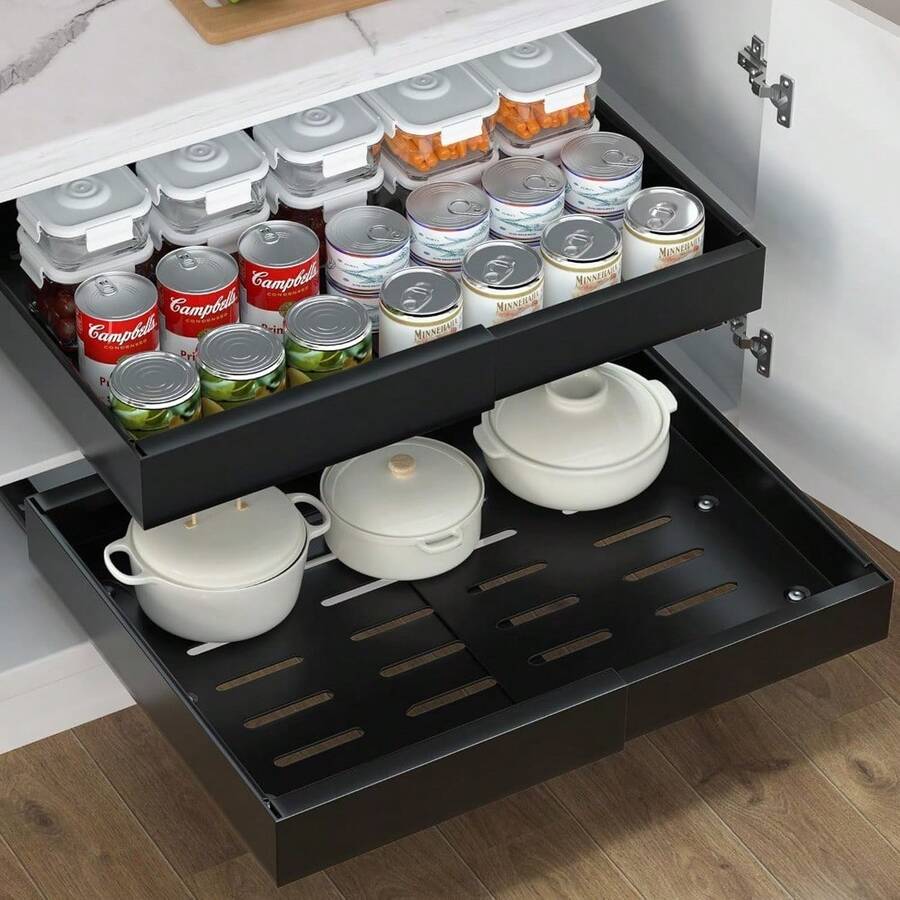 Pull-Out Cabinet Organizers With Adhesive Strips, Expandable Kitchen Storage Shelves For Pantry Or Living Room - 1 Pack-White - 查看 1