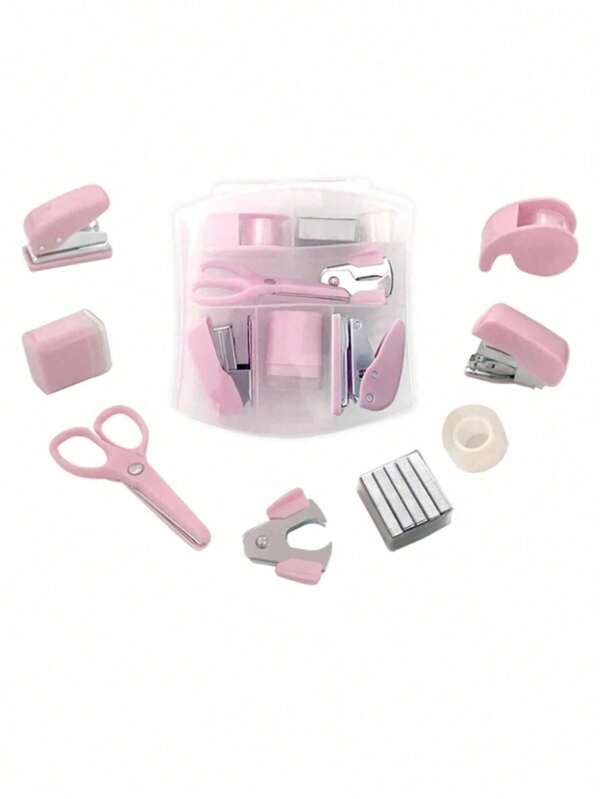 Ein 8-in-1 Rosa Heftgerät und Klebebandabroller Set - Büroausstattungsset mit Mini Klebebandabroller & Standardheftgerät, beinhaltet Schere, Locher, Heftklammern & Stifthalter, Schul- und Büroessenzielles, Erhältlich in Mini & Mittlerer Größe, Schulmaterial, Rückkehr zur Schule