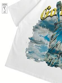 Men's casual T-shirt, single piece, 3 colors, 100% cotton, soft and comfortable, for leisure and sports, can be paired with men's shorts, men's T-shirt, men's shirt, summer T-shirt, men's sweatshirt Reflection of the Statue of Liberty in the water with text Goldspeed - Blanco - Ver 3