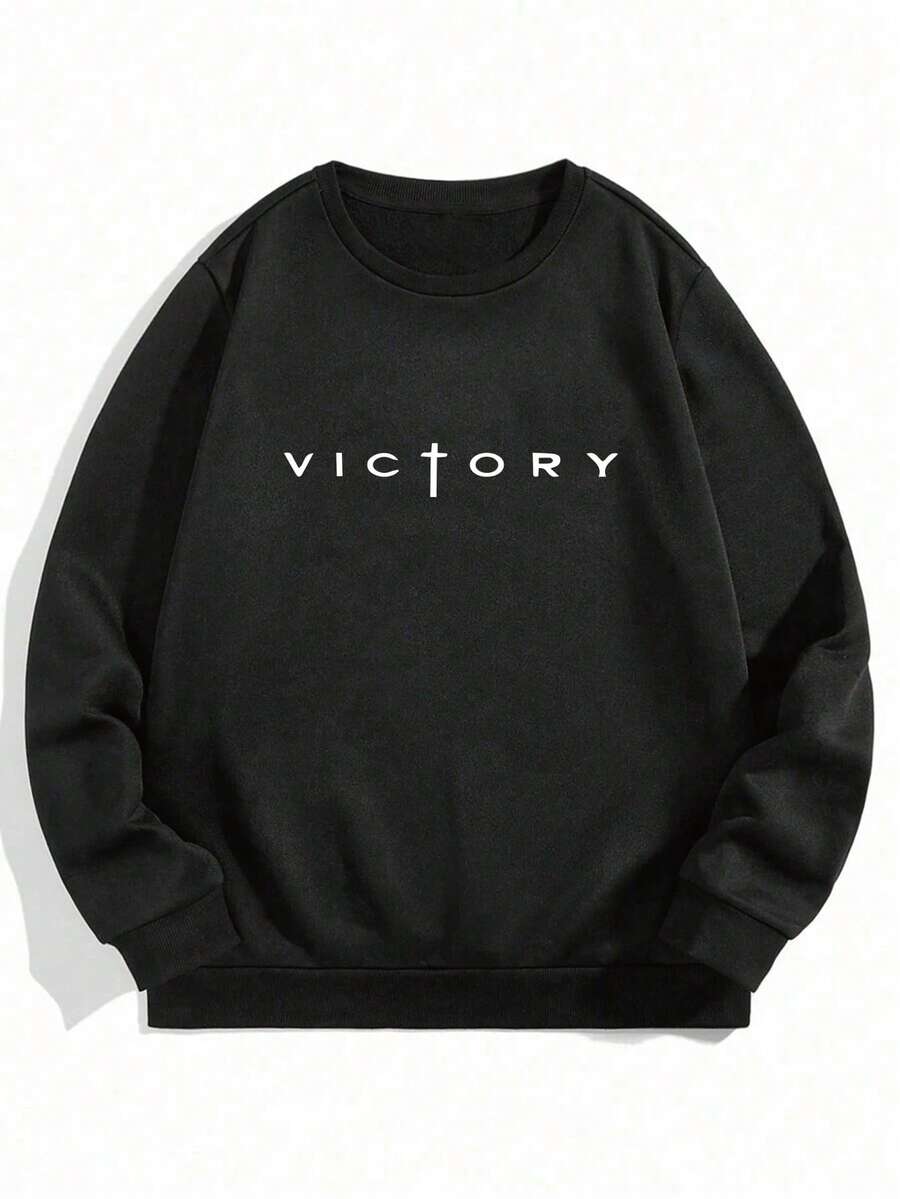 Plus Size Men's Casual Round Neck Sweatshirt, Text Print, Urban Street Style, Suitable For Casual, Sports, Weekends, Spring, Summer, Autumn, Winter, Long Sleeve Top - Black - View 1