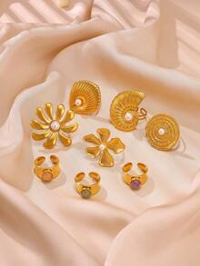 时尚夸张花朵女士戒指，优雅仿珍珠戒指，不锈钢配饰，海螺壳戒指海洋珠宝，复古天然石女士珠宝金色宽口可调节开口戒指派对婚礼旅行厚重珠宝圣诞礼物