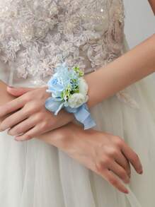 6pcs Set Pale Blue Anemone Flower & Blue Hydrangea Faux Plant Romantic Wrist Corsage Suitable For Groom, Bride, Bridesmaid, Father, Mother For Wedding, Engagement, Ceremony, Party, Ball