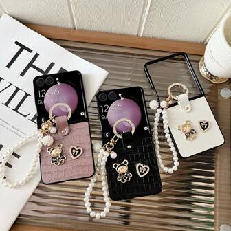 keshengtai 1 件 PU 皮革鳄鱼纹水钻熊手机壳和 1 个指环支架适用于三星 Galaxy Z Flip 7 7FE 6 5 4 3 5G 防水防震防摔防刮