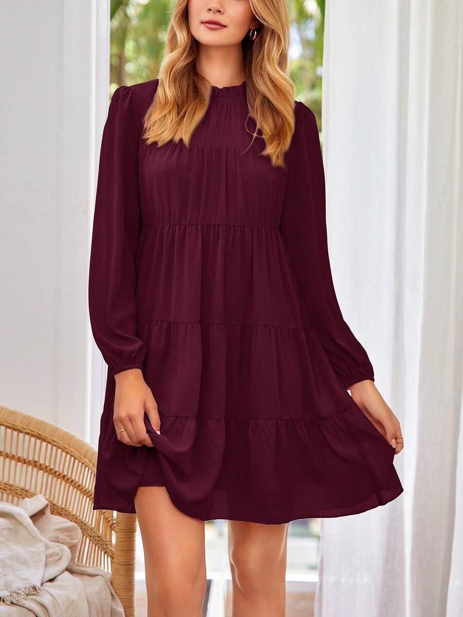 Women's Spring Casual Flowy Long Sleeve Dress Ruffle Tier Dresses - 酒紅色 - 查看 1