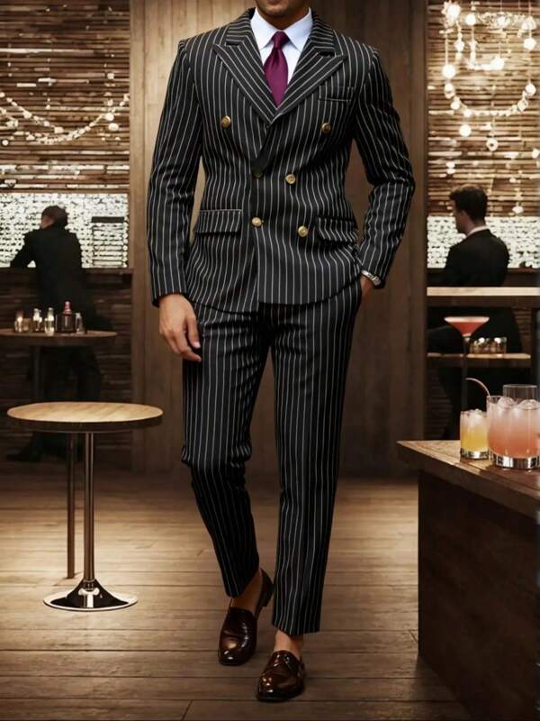 2 piezas Conjunto de traje de hombre, chaqueta blazer de doble botonadura a rayas verticales y pantalones, adecuado para negocios, boda, fiesta, banquete y ocasiones formales