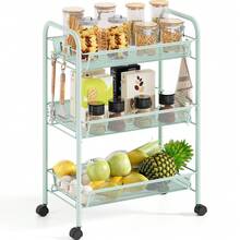 TOOLF 3-Tier Metal Rolling Cart, Mesh Wire Easy Assemble Utility Cart, Storage Trolley On Wheels With 3 Hooks, MetalStorage Shelving Units For Kitchen Bathroom Laundry Room - màu xanh lá - Xem 1