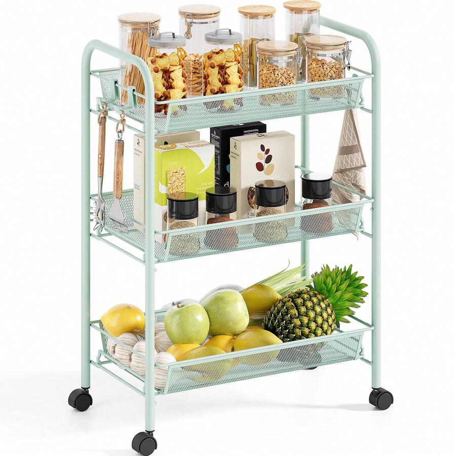 TOOLF 3-Tier Metal Rolling Cart, Mesh Wire Easy Assemble Utility Cart, Storage Trolley On Wheels With 3 Hooks, MetalStorage Shelving Units For Kitchen Bathroom Laundry Room - màu xanh lá - Xem 1