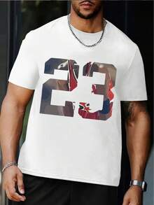 Number 23 Print Men's Classic Round Neck Cotton Short-Sleeved Graphic T-Shirt, Cotton T Shirt,Men Clothes - White - View 3
