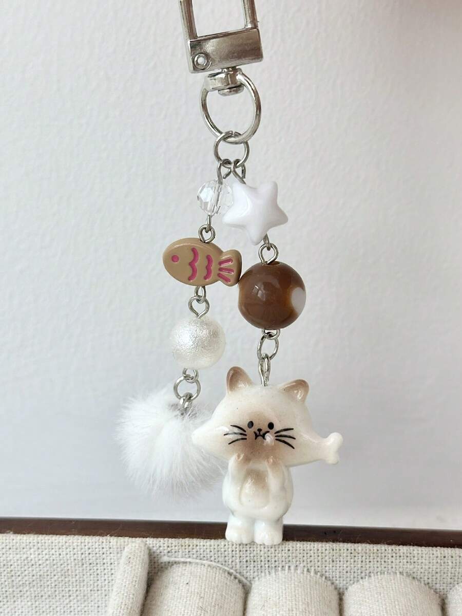 1 件女式新款韩国可爱卡通猫钥匙扣心形毛绒球星串珠配件手机绳包饰情侣/好友礼物背包装饰钥匙扣包包汽车配饰女士 - 彩色 - 查看 1