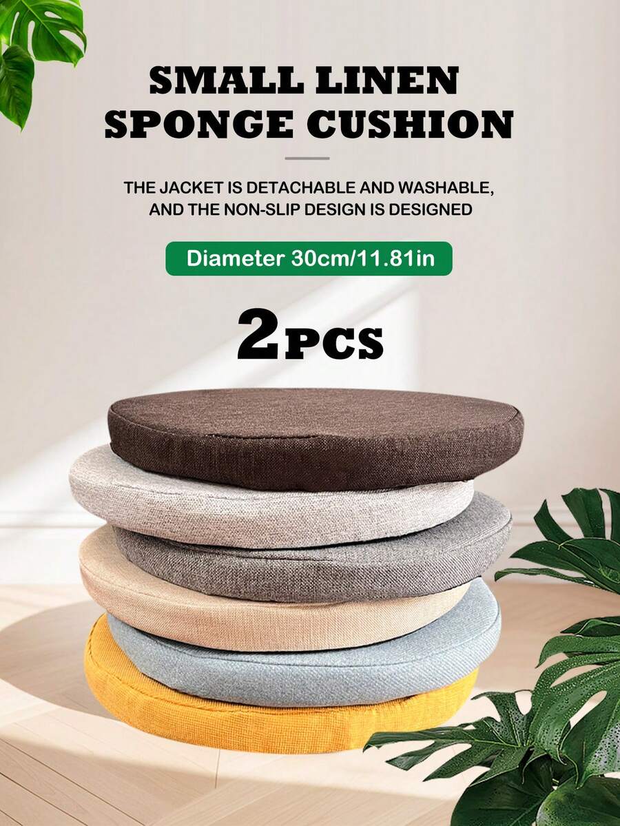 2pcs Small Round Linen Sponge Seat Cushions, Detachable And Washable Height-Increasing Seat Pads, Non-Slip Bottom, Suitable For Floor Mat, Chair Cushion, Applicable For Multiple Occasions Such As School, Home, Etc.