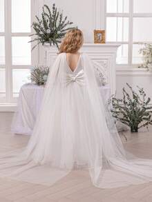 少女亮片蝴蝶结薄纱派对礼服，优雅公主裙，适合生日礼物、宴会、婚礼、花童、节日庆典 - 白色 - 查看 2