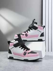 1 Pair Children's Fashion Leather Patchwork Sports Shoes, Outdoor Versatile Casual Comfortable Breathable Non-Slip Running Sneakers Suitable For Boys And Girls - Pink - View 1