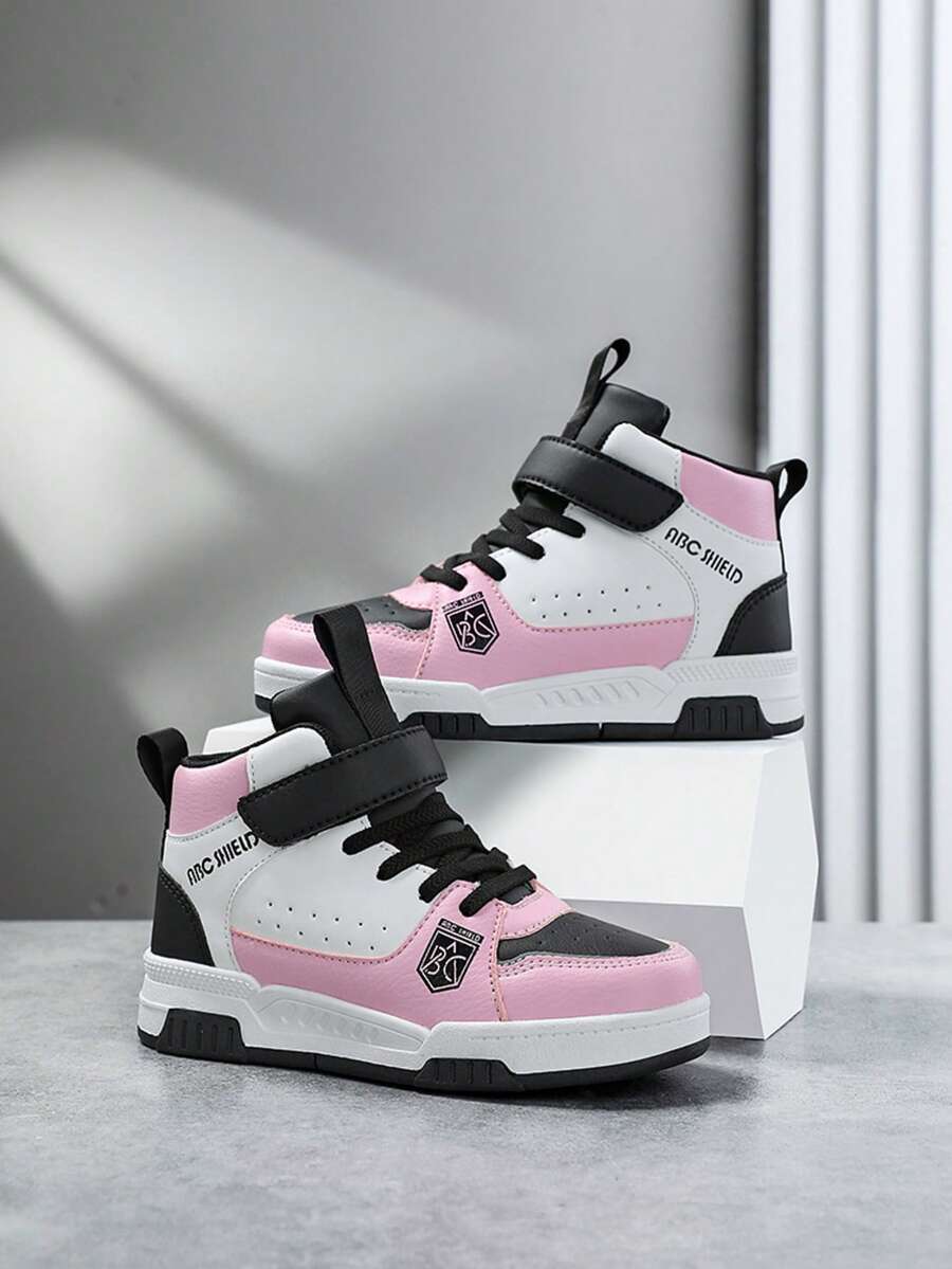 1 Pair Children's Fashion Leather Patchwork Sports Shoes, Outdoor Versatile Casual Comfortable Breathable Non-Slip Running Sneakers Suitable For Boys And Girls - Pink - View 1