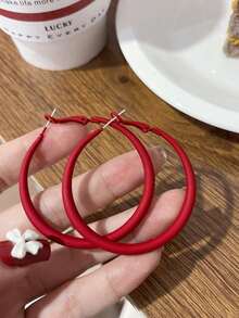 1 对简约时尚糖果色环形耳环，适合女性任何场合 - 紅色 - 查看 1