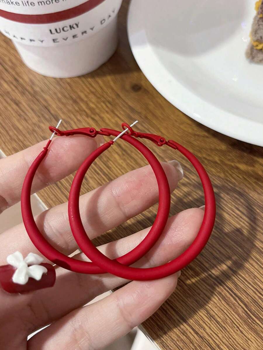 1 对简约时尚糖果色环形耳环，适合女性任何场合 - 紅色 - 查看 1