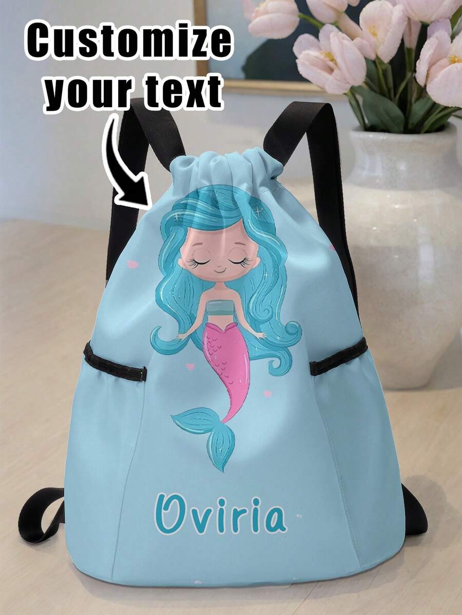 1pc Customized Cartoon Mermaid Pattern Drawstring Backpack With Pockets, Can Be Customized With Your Unique Design, Great Back To School Gift, Suitable For Children And Teenagers, Can Print Your Own Name Or Gift To Your Sister And Classmates - Multicolor - View 1