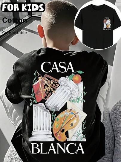 Padrão de empilhamento de arte de objeto, impressão gráfica frente e verso, camiseta de algodão puro estilo meninos/meninas primavera e verão, estilo universitário, drapeado esportivo, roupa infantil macia e respirável, blusa de manga curta