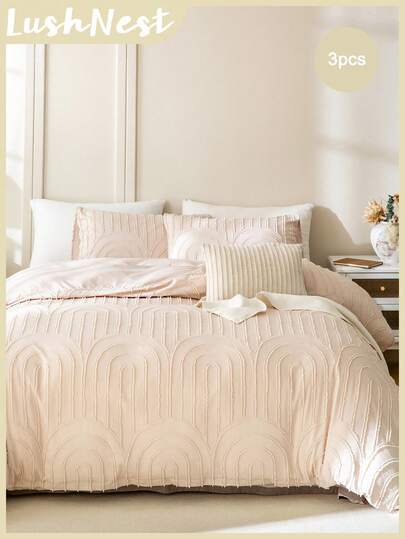 三件套涤纶纯色拱形提花波西米亚风被套组（1个被套+2个枕套，不含被芯），轻盈柔软亲肤，适合卧室、主卧、客房，四季皆宜，波西米亚风家居装饰，优雅寝具