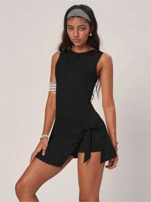 PinkTip 1 chiếc đầm nữ mùa hè màu trơn tối giản, co giãn, đầm thường ngày có quần short bên trong, thích hợp cho hoạt động ngoài trời, thể thao, tennis. - màu đen - Xem 2