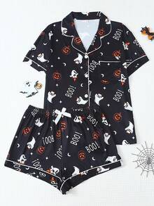 2pcs/Set Funny Ghost Print Short Sleeve Polo Collar Top And Bow Shorts Pajama Set For Women, Suitable For Halloween - Black - View 1