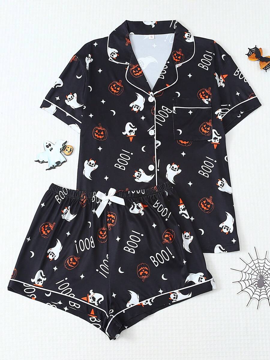 2pcs/Set Funny Ghost Print Short Sleeve Polo Collar Top And Bow Shorts Pajama Set For Women, Suitable For Halloween - Black - View 1