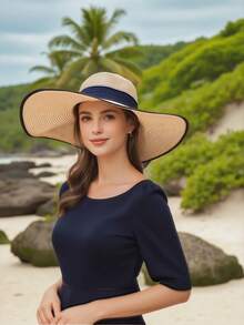 优雅波西米亚风格的女士一体式卡其色/米色草编太阳帽，适合夏季海滩，易于折叠，方便存放，非常适合复活节和户外场景 - 咖啡棕 - 查看 4