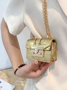 Minimalist Mini Alligator Grain Chain Shoulder Bag Crossbody Bag - Gold - View 2