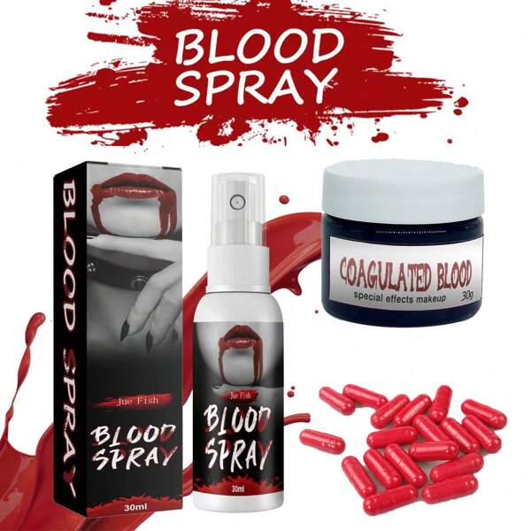 3 piezas Kit de maquillaje de vampiro de Halloween - Spray, pasta, cápsula, comestible y efecto de sangrado y cicatriz realista para película/cosplay